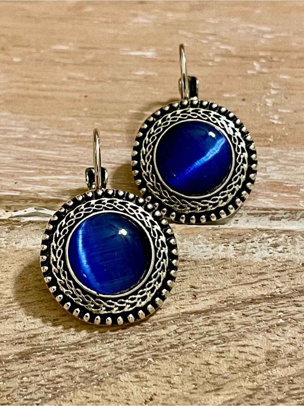 Small Handcrafted Deep Blue Cabochon Vintage Style Detail Drop Earrings